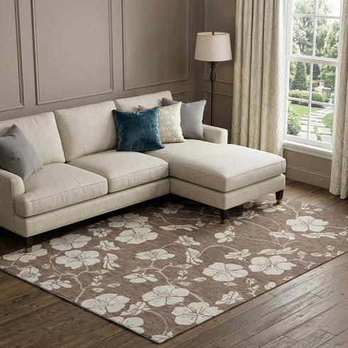 8' X 10' Brown And Beige Floral Washable Area Rug With UV Protection