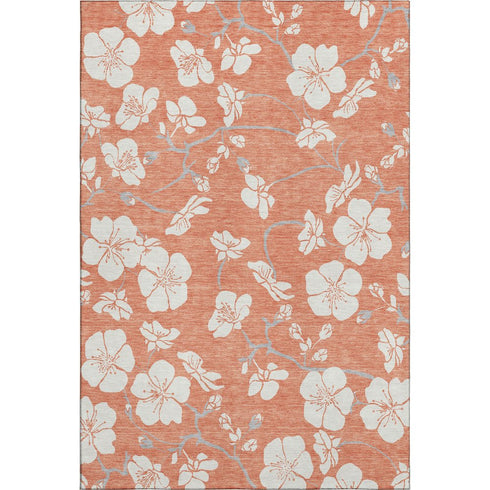 5' X 8' Coral And Ivory Floral Washable Area Rug With UV Protection