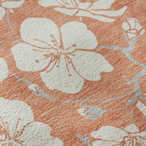 5' X 8' Coral And Ivory Floral Washable Area Rug With UV Protection