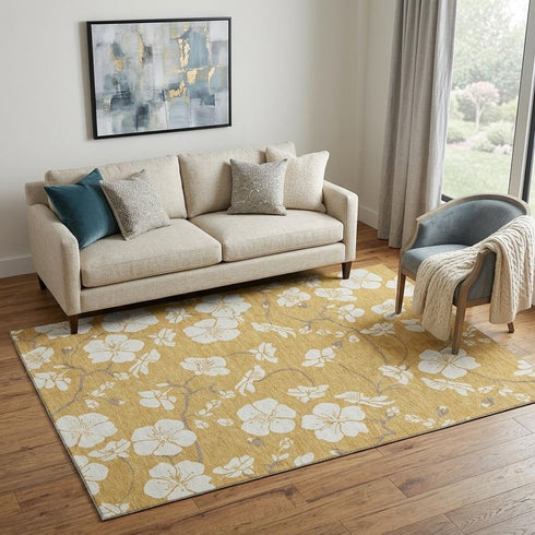 5' X 8' Gold And Ivory Floral Washable Area Rug With UV Protection