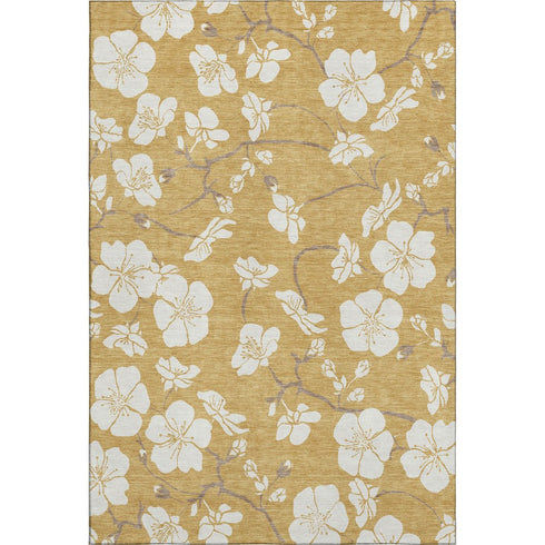 8' X 10' Gold And Ivory Floral Washable Area Rug With UV Protection