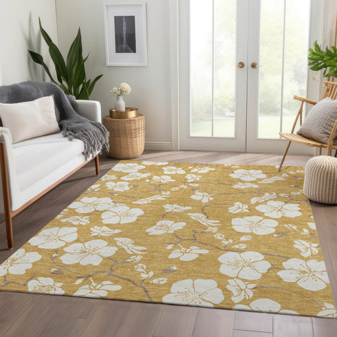 8' X 10' Gold And Ivory Floral Washable Area Rug With UV Protection