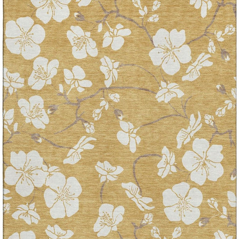 8' X 10' Gold And Ivory Floral Washable Area Rug With UV Protection
