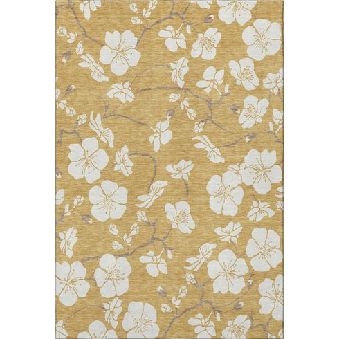 8' X 10' Gold And Ivory Floral Washable Area Rug With UV Protection