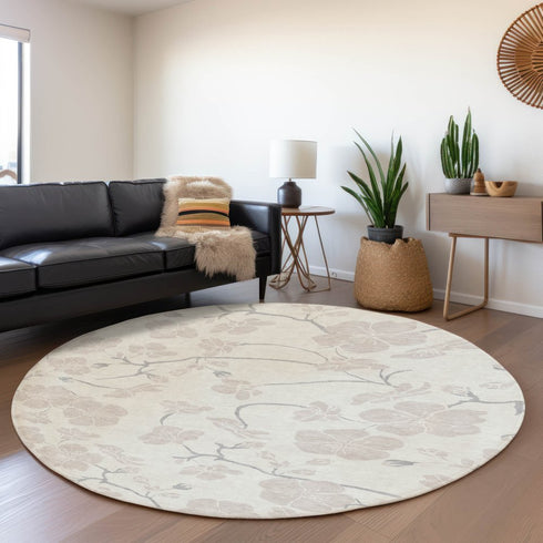 8' Ivory And Beige Floral Washable Round Rug With UV Protection