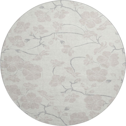 8' Ivory And Beige Floral Washable Round Rug With UV Protection