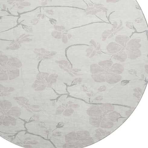 8' Ivory And Beige Floral Washable Round Rug With UV Protection