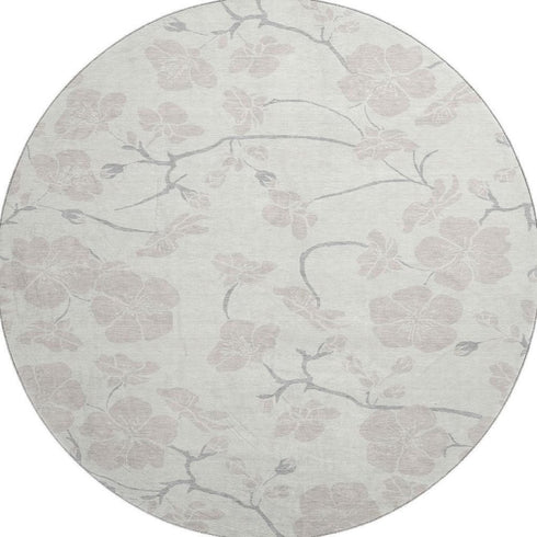 8' Ivory And Beige Floral Washable Round Rug With UV Protection