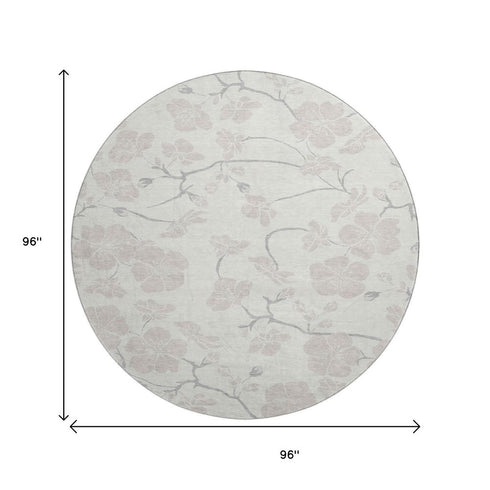 8' Ivory And Beige Floral Washable Round Rug With UV Protection