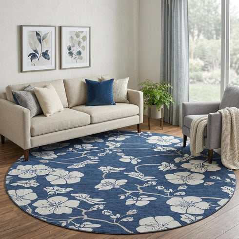8' Navy Blue And Ivory Floral Washable Round Rug With UV Protection