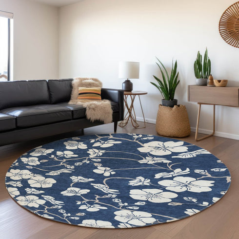 8' Navy Blue And Ivory Floral Washable Round Rug With UV Protection