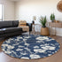 8' Navy Blue And Ivory Floral Washable Round Rug With UV Protection