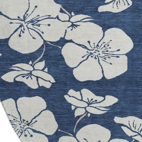 8' Navy Blue And Ivory Floral Washable Round Rug With UV Protection