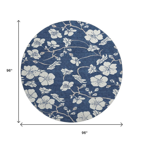 8' Navy Blue And Ivory Floral Washable Round Rug With UV Protection