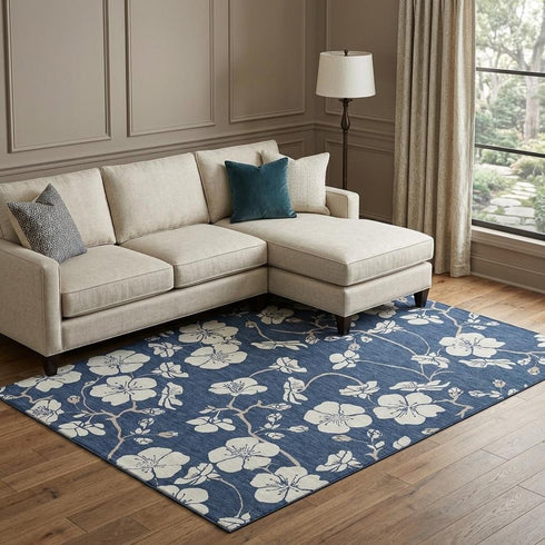 9' X 12' Navy Blue And Ivory Floral Washable Area Rug With UV Protection