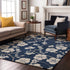 9' X 12' Navy Blue And Ivory Floral Washable Area Rug With UV Protection
