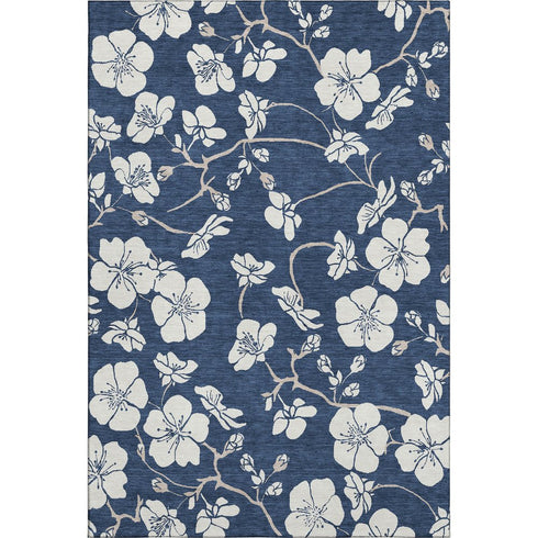9' X 12' Navy Blue And Ivory Floral Washable Area Rug With UV Protection