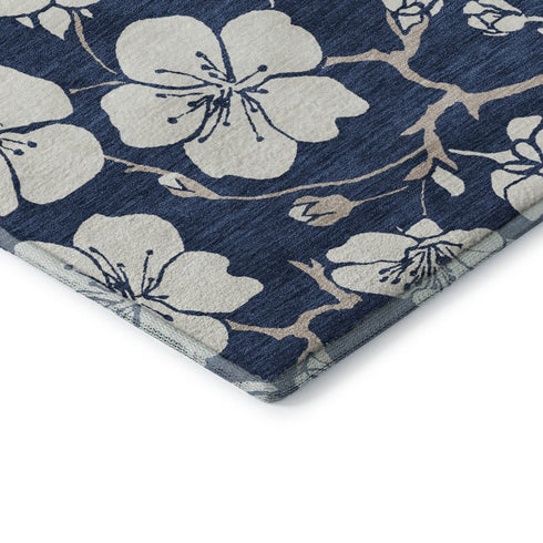 9' X 12' Navy Blue And Ivory Floral Washable Area Rug With UV Protection