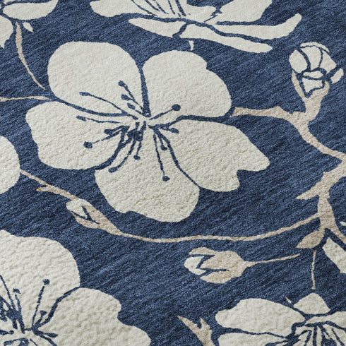 9' X 12' Navy Blue And Ivory Floral Washable Area Rug With UV Protection