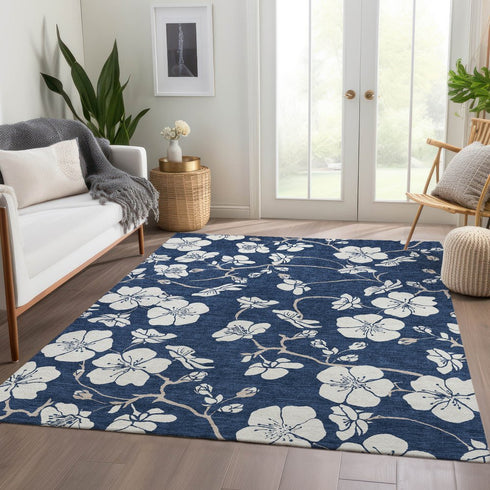 9' X 12' Navy Blue And Ivory Floral Washable Area Rug With UV Protection