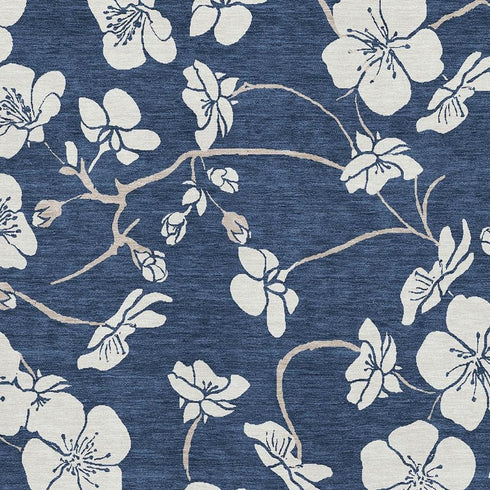 9' X 12' Navy Blue And Ivory Floral Washable Area Rug With UV Protection
