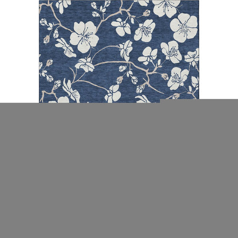 9' X 12' Navy Blue And Ivory Floral Washable Area Rug With UV Protection