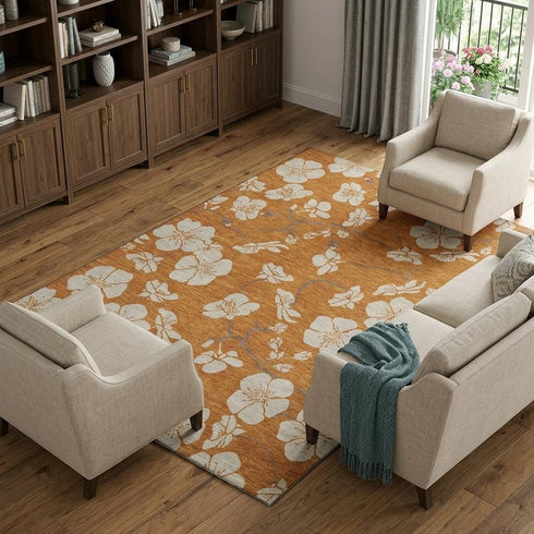 8' X 10' Rust And Beige Floral Washable Area Rug With UV Protection