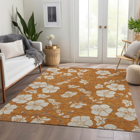 8' X 10' Rust And Beige Floral Washable Area Rug With UV Protection