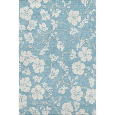 5' X 8' Sky Blue And Ivory Floral Washable Area Rug With UV Protection