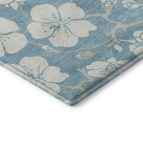 5' X 8' Sky Blue And Ivory Floral Washable Area Rug With UV Protection