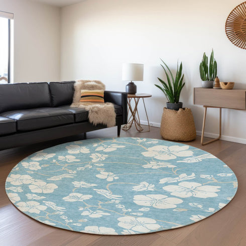 8' Sky Blue And Ivory Floral Washable Round Rug With UV Protection