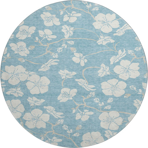 8' Sky Blue And Ivory Floral Washable Round Rug With UV Protection