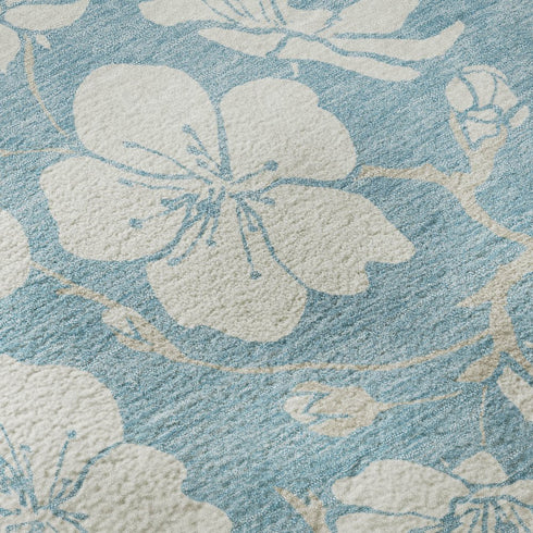 8' Sky Blue And Ivory Floral Washable Round Rug With UV Protection