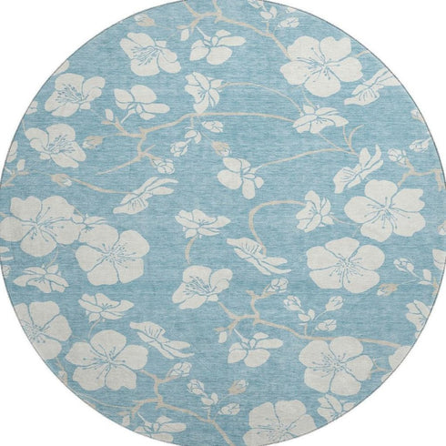 8' Sky Blue And Ivory Floral Washable Round Rug With UV Protection