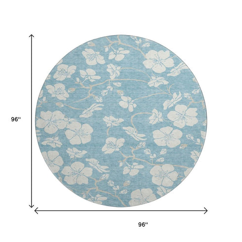 8' Sky Blue And Ivory Floral Washable Round Rug With UV Protection