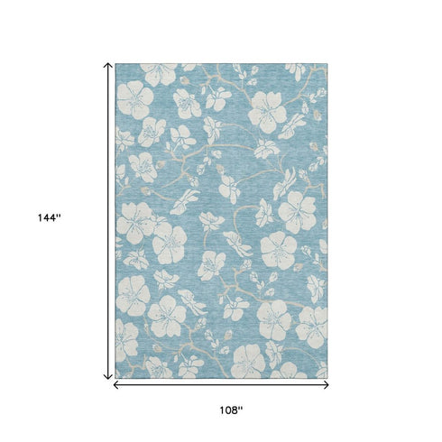 9' X 12' Sky Blue And Ivory Floral Washable Area Rug With UV Protection