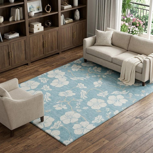 9' X 12' Sky Blue And Ivory Floral Washable Area Rug With UV Protection