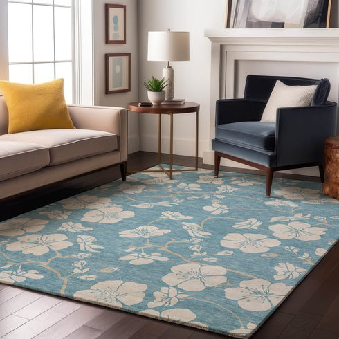 9' X 12' Sky Blue And Ivory Floral Washable Area Rug With UV Protection