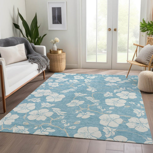 9' X 12' Sky Blue And Ivory Floral Washable Area Rug With UV Protection