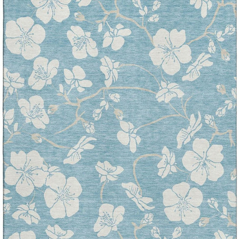 9' X 12' Sky Blue And Ivory Floral Washable Area Rug With UV Protection