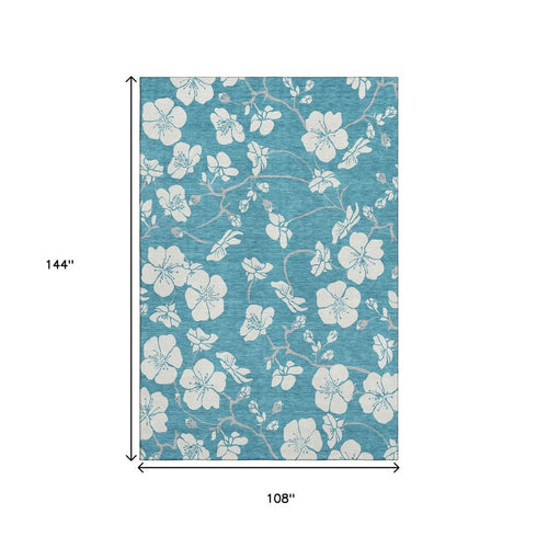 9' X 12' Turquoise And Ivory Floral Washable Area Rug With UV Protection