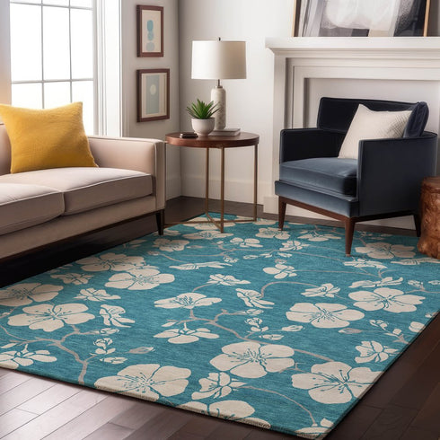 9' X 12' Turquoise And Ivory Floral Washable Area Rug With UV Protection