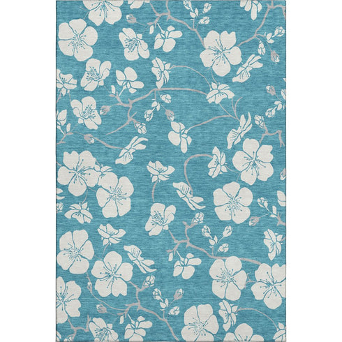 9' X 12' Turquoise And Ivory Floral Washable Area Rug With UV Protection