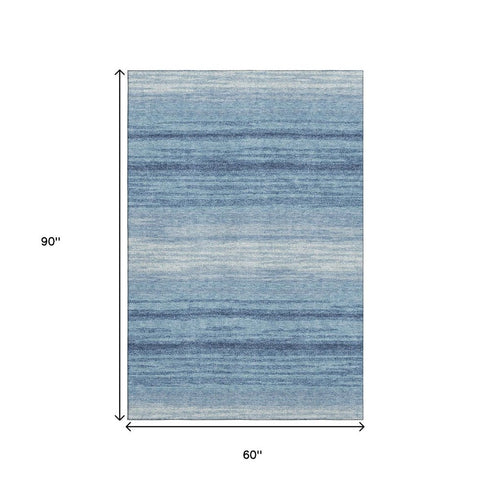 5' X 8' Blue And Ivory Striped Washable Area Rug With UV Protection