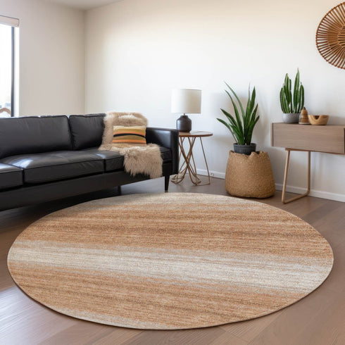 8' Copper And Beige Striped Washable Round Rug With UV Protection