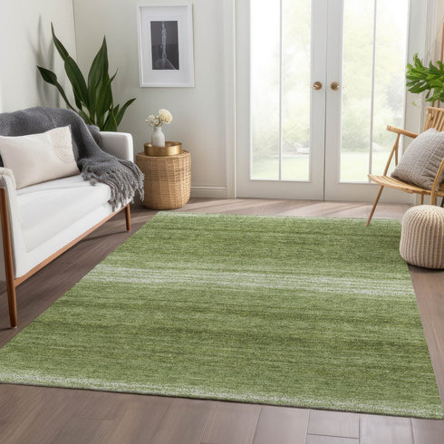 8' X 10' Green And Ivory Striped Washable Area Rug With UV Protection