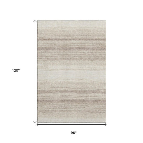 8' X 10' Ivory And Beige Striped Washable Area Rug With UV Protection