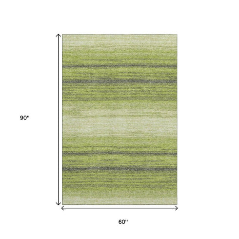 5' X 8' Lime Green Gray And Ivory Striped Washable Area Rug With UV Protection