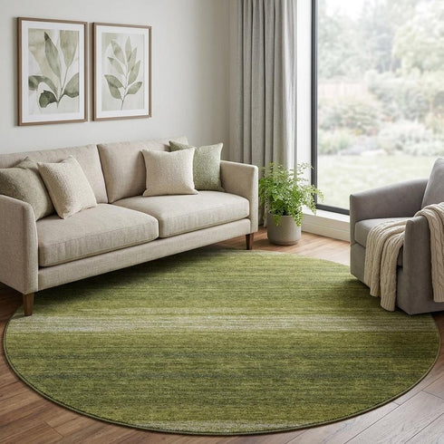 8' Olive Green And Ivory Striped Washable Round Rug With UV Protection