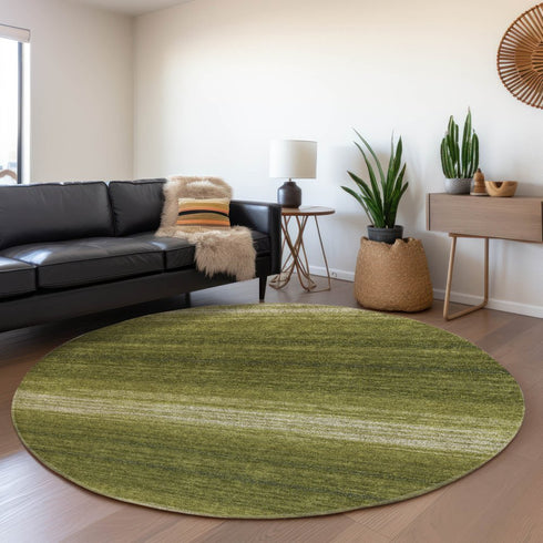 8' Olive Green And Ivory Striped Washable Round Rug With UV Protection
